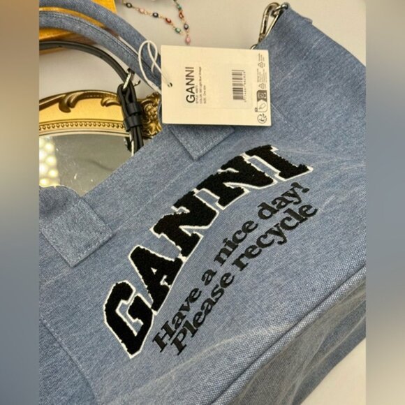 🆕 GANNI 🧿 NWT Washed Blue Embroidered Logo Small Shopper - Picture 8 of 11